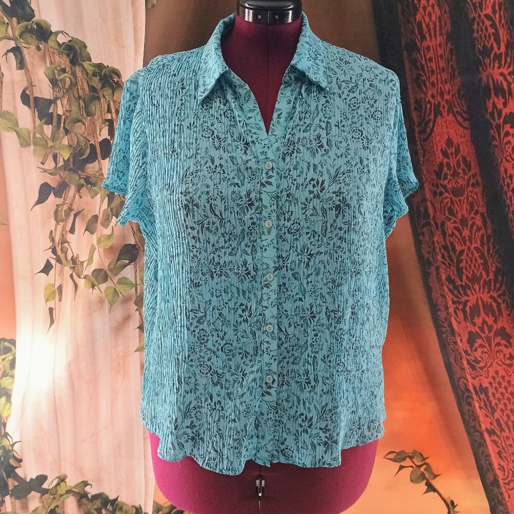 EUC: Vintage Bhs Sz 18UK (14US) Ocean Blue Floral Button Up Blouse Rare & Chic!